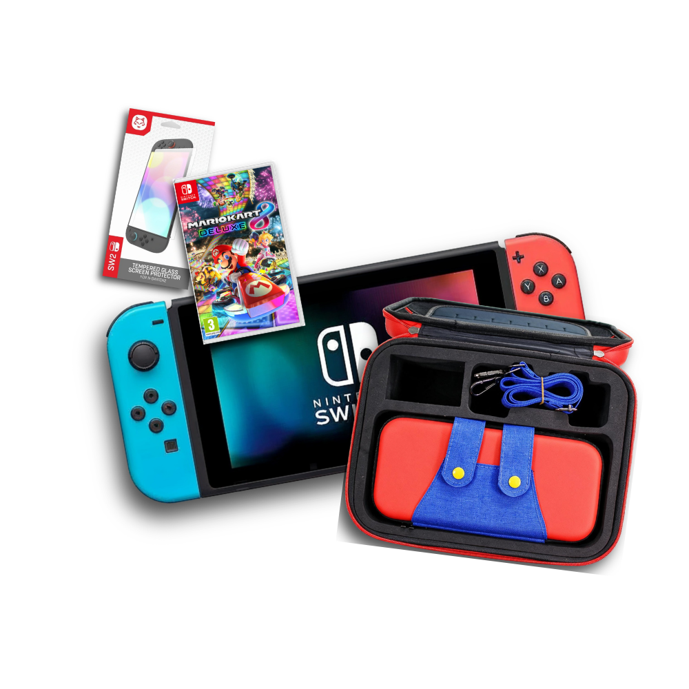 COMBO 4 - Nintendo Switch Neon USADA + Kit de protección + Juego a elección + Maletín de viaje
